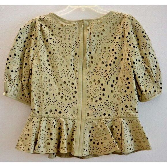 Lauren Ralph Lauren Women's Sz 10 Beige Lamb Leather Peplum Cutout Blouse $395 - Picture 2 of 13